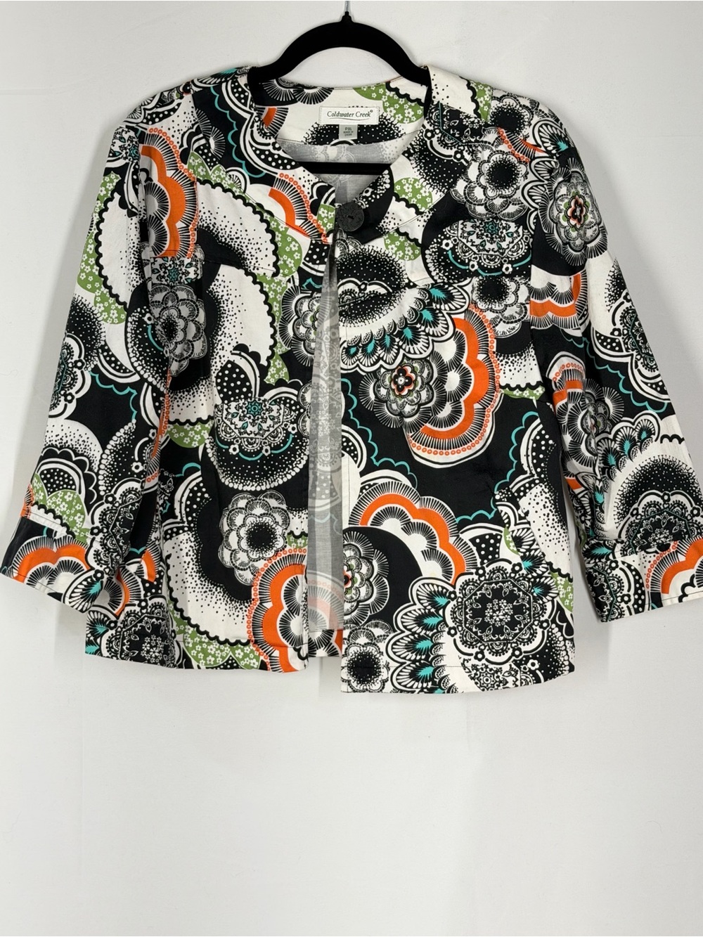 Coldwater Creek Black, White, Orange & Green Floral-Print Cropped Blazer
